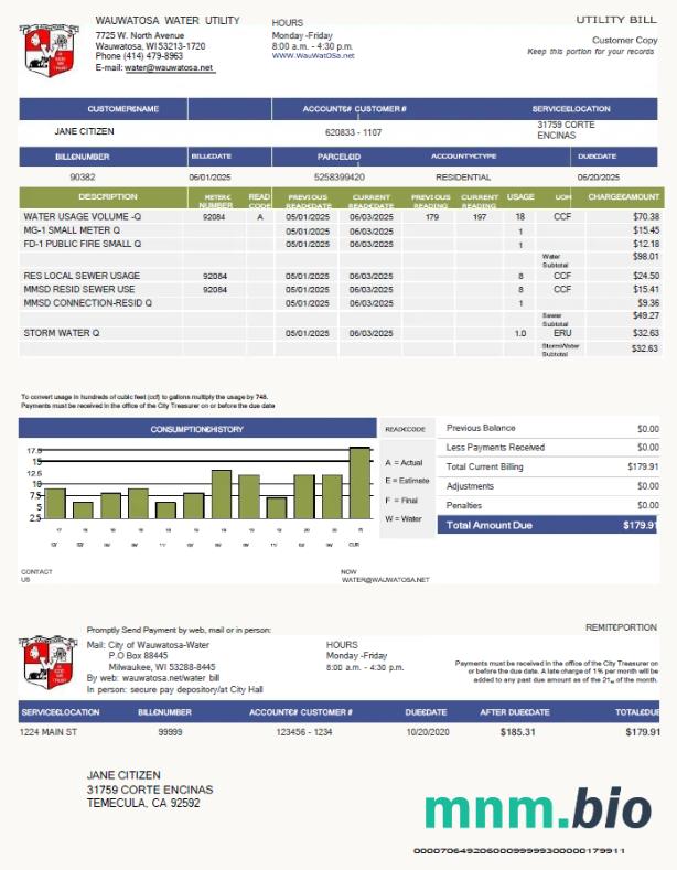 Szablon rachunku za media wodne w USA Wauwatosa w formatach Word i PDF